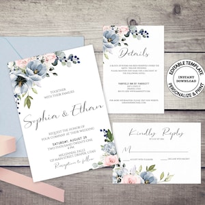Dusty blue and blush wedding invitation suite, INSTANT DOWNLOAD, Blue and pink wedding invite, RSVP and details card, Floral invites, W34