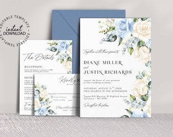 May include: A wedding invitation suite with a blue and white floral design. The invitation features the names "Diane Miller" and "Justin Richards" with the wedding date and time. The details card includes information about the reception and hotel accommodations.