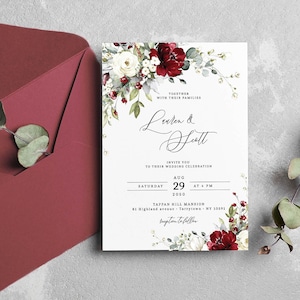 Editable Red and White Wedding Invitation, Floral Wedding Invite Template, INSTANT DOWNLOAD, Watercolor invites, Printable or digital, W33