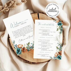 May include: Two wedding invitation cards with floral accents in teal and orange. The left card reads "Welcome Family + Friends" with a handwritten font. The right card lists "The weekend details" with event times and locations. "Instant Download" is in a circle.