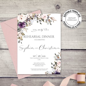 Floral Rehearsal Dinner invitation template, Editable, INSTANT DOWNLOAD, Dusty pink and purple flowers wedding rehearsal invite, W161
