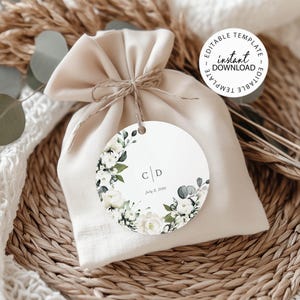 Round White Floral Wedding Favor Tags, Editable and Printable, Circle Sticker Template for Shower Favors or Envelope, INSTANT DOWNLOAD, W119