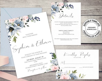 Dusty blue and blush wedding invitation suite, INSTANT DOWNLOAD, Blue and pink wedding invite, RSVP and details card, Floral invites, W34