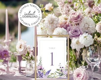 Table Number Template: Editable Purple Floral Wedding Decor, Printable Reception Numbers 5x7", Instant Download, Templett, (W05)