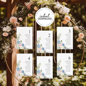 Editable Wedding Seating Chart, Blue Pink and White Floral Table Plan, INSTANT DOWNLOAD, Wedding Plan Hanging Cards, Printable, W182