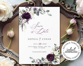May include: A rectangular Save the Date card featuring dark purple and white floral illustrations. The text reads Save the Date, Sophia & Ethan, July 29, 2050, and Alta Lodge, 10230 E. Hwy. 210, Alta, UT 84092. A circular badge states Editable Template.