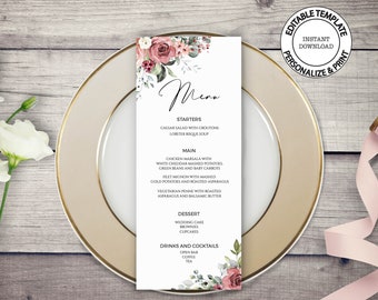 Floral editable Menu template, INSTANT DOWNLOAD, Blush and dusty red flowers wedding menu, Boho roses menu printable, W17