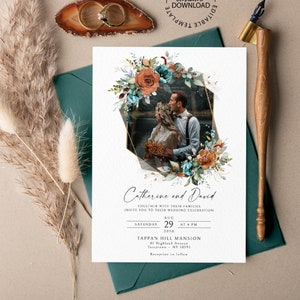 Editable Burnt Orange and Teal Green Wedding Invitation, INSTANT DOWNLOAD, Photo Floral Frame Wedding Invite Template, W277