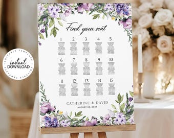 Purple Floral Wedding Seating Chart Template, Editable Wedding or Shower Table Plan, 18x24 & 24x36, Edit in Templett, Instant Download (W05)