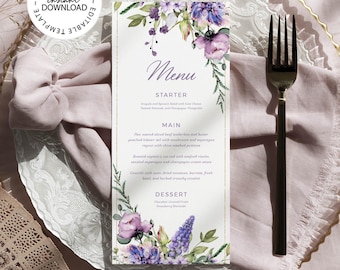 Purple Floral Wedding Menu Template, Editable Menu with Garden Flowers for Bridal Shower or Baby Shower, Printable, Instant Download (W05)