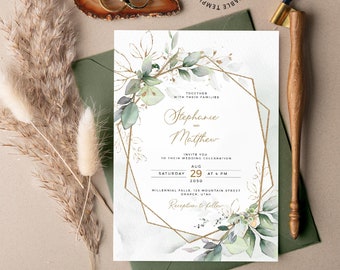 MEIRA - Greenery Wedding Invitation Template, Editable Faux Gold Geometric Wedding Invite, Gold Foliage Invites, W154