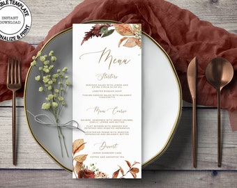 SCARLETT - Fall Floral Wedding Menu Template, Editable, INSTANT DOWNLOAD, Burnt Orange Printable Bridal Shower Brunch Dinner Menu, W89