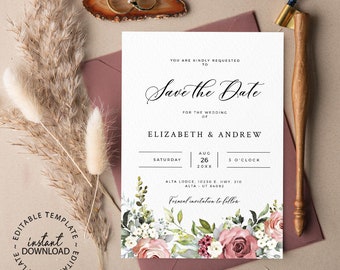 Editable Floral Save The Date Template, INSTANT DOWNLOAD, Desert Rose Flowers Save the Date Card, Printable or to Send Digitally, W17