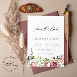 Editable Floral Save The Date Template, INSTANT DOWNLOAD, Desert Rose Flowers Save the Date Card, Printable or to Send Digitally, W17