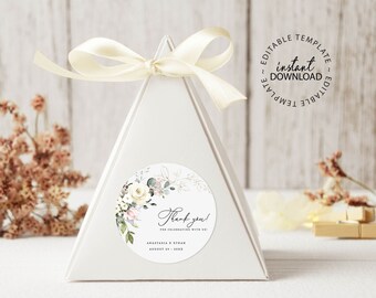 Editable Round Favor Tag Template, White and Pink Wedding Tags, Printable Sticker Label, Circle Thank You Stickers, INSTANT DOWNLOAD, W228