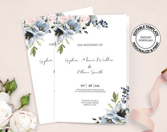 SERENE - Folded Wedding Program Template, Editable, INSTANT DOWNLOAD, Blue and Blush Floral Catholic Church Ceremony Booklet Program, W34