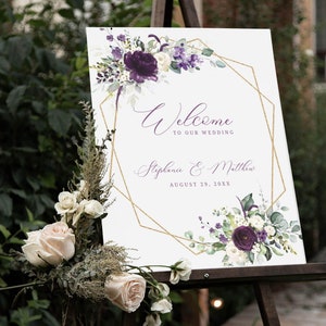 Editable Wedding Welcome Sign Template, INSTANT DOWNLOAD, Purple and White Floral Welcome Poster, Dark Mauve Printable Signage, W102