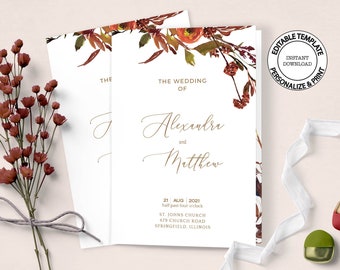 Könnte beinhalten: Editierbare Hochzeitseinladungsvorlage mit einem floralen Design in Herbstfarben wie Rot, Orange und Braun. Der Text lautet "Die Hochzeit von Alexandra und Matthew" mit Datum und Ort der Hochzeit.