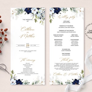 Può includere: Un programma di nozze con un design floreale blu e bianco. Il programma include i nomi Catherine e Matthew, la data 29 agosto 2020 e l'ora 16:00. I dettagli della cerimonia sono elencati, tra cui il preludio, il posizionamento delle famiglie, la processione, la preghiera, la lettura delle Scritture, lo scambio dei voti, lo scambio delle fedi, l'annuncio del matrimonio, la presentazione del nuovo marito e della nuova moglie e la recessione. La festa di nozze è anche elencata, tra cui l'ufficiante, i genitori della sposa, i genitori dello sposo, la damigella d'onore, le damigelle d'onore, il testimone, gli uomini d'onore, la damigella d'onore e il paggetto. Il programma termina con un messaggio di ringraziamento da parte della coppia.
