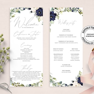 RHEA - Navy and White Floral Wedding Program Template, Editable, INSTANT DOWNLOAD, Catholic Church Blue Flowers Ceremony Program, W54