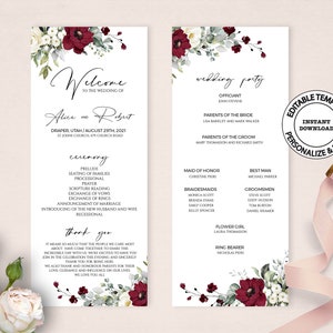 Editable Red and White Floral Wedding Program Template, INSTANT DOWNLOAD, Catholic Church Ceremony Program, Wedding Schedule, Printable, W26