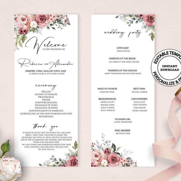 Editable floral Wedding Program template, INSTANT DOWNLOAD, Blush and dusty red roses catholic program, Church ceremony programs, w17