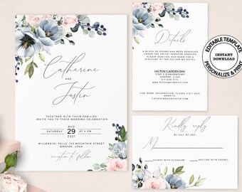 May include: Wedding invitation suite with a floral design featuring blue and pink flowers. The invitation includes the names Catherine and Justin, the date August 29, 2021, and the time 4 PM. The invitation also includes the location: Millennial Falls, 125 Mountain Street, Draper, Utah. The RSVP card includes the text "Kindly reply by July 1st, 2021".