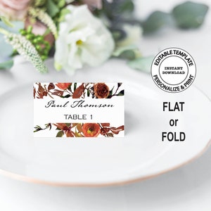 Editable Rust Floral Place Cards Template, INSTANT DOWNLOAD, Fall Floral Name Cards, Burnt Orange Wedding Name Cards, W98