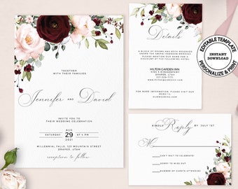 Burgundy and blush Wedding Invitation suite, Editable template, INSTANT DOWNLOAD, Burgundy floral invite, rsvp and details card, W170