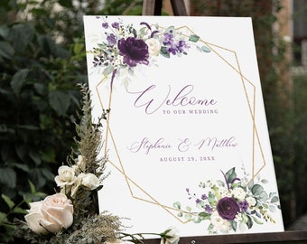 Modèle de signe de bienvenue de mariage modifiable, TÉLÉCHARGEMENT INSTANTANÉ, affiche de bienvenue florale violette et blanche, signalisation imprimable mauve foncé, W102