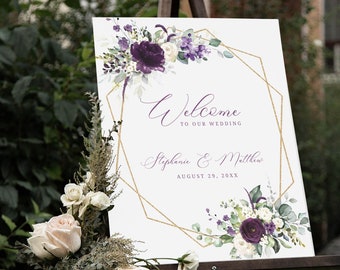 Editable Wedding Welcome Sign Template, INSTANT DOWNLOAD, Purple and White Floral Welcome Poster, Dark Mauve Printable Signage, W102