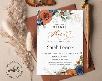 SIA - Bridal Shower Invitation, Editable Burnt Orange and Navy Bridal Shower Invite, INSTANT DOWNLOAD, Floral Shower Invite, W208
