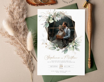 MEIRA - Editable Photo Wedding Invitation Template, INSTANT DOWNLOAD, Greenery and Faux Gold Wedding Invite, Picture Invitation, W154
