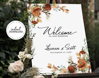 ELINA - Editable Burnt Orange Wedding Welcome Sign, INSTANT DOWNLOAD, Fall Floral Welcome Poster, Shower Welcome Signs, W45