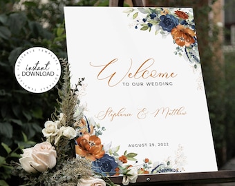SIA - Burnt Orange and Blue Wedding Welcome Sign, INSTANT DOWNLOAD, Fall Floral Shower Welcome Poster, Editable Large Welcome Signs, W208