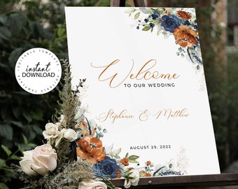 SIA - Burnt Orange and Blue Wedding Welcome Sign, INSTANT DOWNLOAD, Fall Floral Shower Welcome Poster, Editable Large Welcome Signs, W208