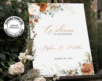 LYRA - Burnt Orange Wedding Welcome Sign, INSTANT DOWNLOAD, Terracotta Floral Welcome Poster, Editable Large Welcome Sign, W179