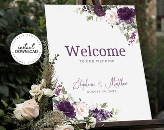 ELLIE - Modèle de signe de bienvenue de mariage modifiable, TÉLÉCHARGEMENT INSTANTANÉ, affiche de bienvenue florale rose pâle et violette, signalisation imprimable, W129