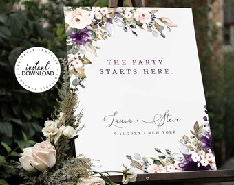 May include: A wedding welcome sign featuring a floral design in shades of purple, white, and green. The sign reads "The Party Starts Here." with the couple's names and wedding date below.