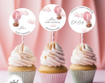 Editable Hot Air Balloon Girl Baby Shower Cupcake Toppers, Pink Baby Shower Cupcake Topper, Baby Sprinkle Cupcake Toppers, W264