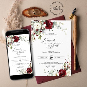 Red and White Floral Wedding Invitation Template, Editable Digital Wedding Invite, INSTANT DOWNLOAD, Print or Send via Email, Sms, W33