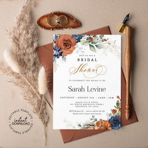 SIA - Bridal Shower Invitation, Editable Burnt Orange and Navy Bridal Shower Invite, INSTANT DOWNLOAD, Floral Shower Invite, W208