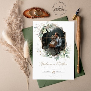 MEIRA - Editable Photo Wedding Invitation Template, INSTANT DOWNLOAD, Greenery and Faux Gold Wedding Invite, Picture Invitation, W154
