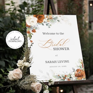 LYRA - Burnt Orange Bridal Shower Welcome Sign, INSTANT DOWNLOAD, Terracotta Floral Welcome Poster, Editable Shower Welcome Signs, W179
