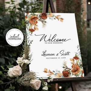 ELINA - Editable Burnt Orange Wedding Welcome Sign, INSTANT DOWNLOAD, Fall Floral Welcome Poster, Shower Welcome Signs, W45
