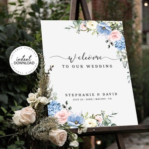 Editable Blue and Pink Wedding Welcome Sign, INSTANT DOWNLOAD, Floral Welcome Poster, Editable Welcome Signs, W182