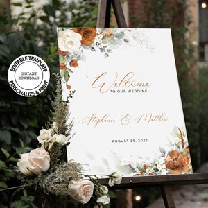 LYRA - Burnt Orange Wedding Welcome Sign, INSTANT DOWNLOAD, Terracotta Floral Welcome Poster, Editable Large Welcome Sign, W179