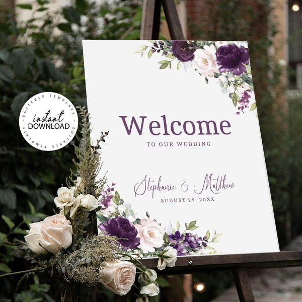 ELLIE - Editable Wedding Welcome Sign Template, INSTANT DOWNLOAD, Purple and Pale Rose Floral Welcome Poster, Printable Signage, W129