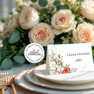 Editable Floral Wedding Place Cards Template, INSTANT DOWNLOAD, Printable Orange and White Name Cards, Guests Name Card, w230