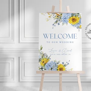Sunflower and Blue Hydrangeas Wedding Welcome Sign Template, Editable Rustic Welcome Poster, INSTANT DOWNLOAD, Bridal Shower Signage, W269